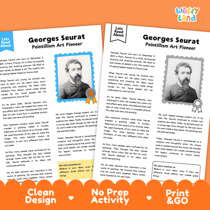 Two printable educational activity sheets about Georges Seurat, shown on an orange background with the text 'Let's Read About' and 'Clean Design • No Prep Activity • Print & GO'. The sheets contain biographical text, a portrait photo, and graphic design elements.