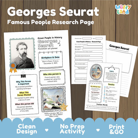 A product listing graphic for a 'Georges Seurat Famous People Research Page' activity sheet from 'Wiffly Land'. The image shows three printable pages laid out on a dark wood background, with a blue scalloped banner at the bottom containing the text 'Clean Design', 'No Prep Activity', and 'Print & GO'.