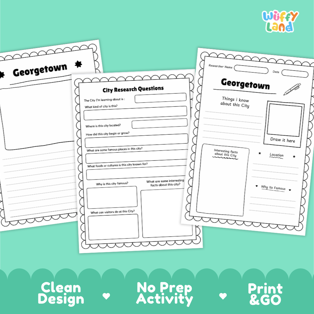 Three printable worksheet pages for a city research activity about Georgetown, shown on a mint green background with the brand name Wiffy Land in the top right. The pages are black-and-white with lined writing areas, prompts, and a drawing box.