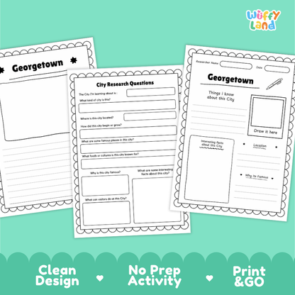 Three printable worksheet pages for a city research activity about Georgetown, shown on a mint green background with the brand name Wiffy Land in the top right. The pages are black-and-white with lined writing areas, prompts, and a drawing box.