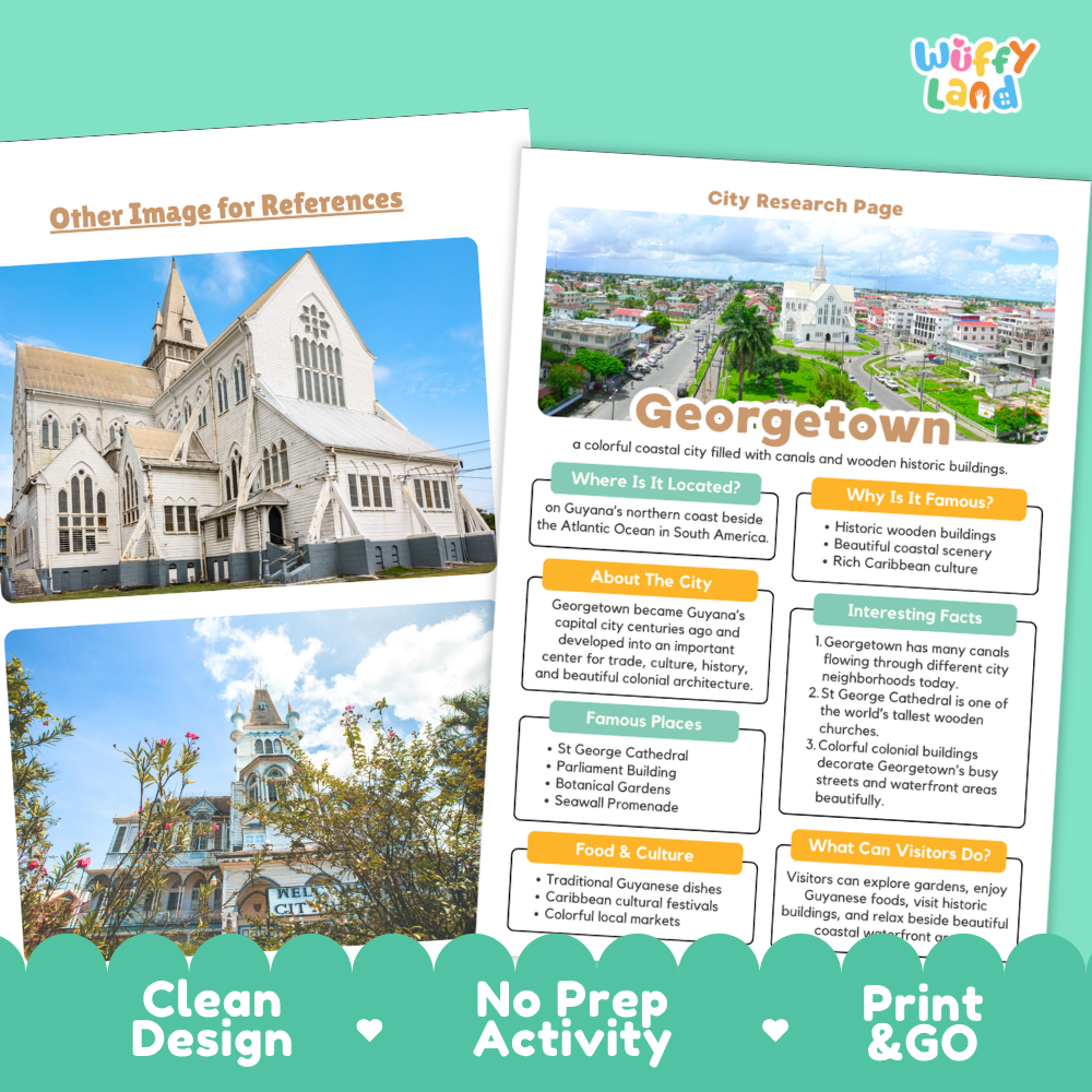 Two printed city research page templates for Georgetown are shown on a clean white background with a decorative teal banner reading 'Other Image for References,' 'City Research Page,' and 'Georgetown.' The pages feature photos of historic architecture, text sections, and colorful callout boxes.