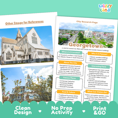Two printed city research page templates for Georgetown are shown on a clean white background with a decorative teal banner reading 'Other Image for References,' 'City Research Page,' and 'Georgetown.' The pages feature photos of historic architecture, text sections, and colorful callout boxes.