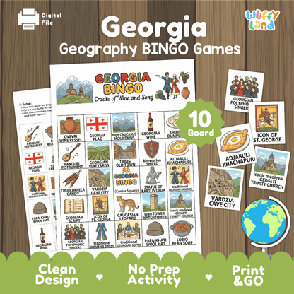 Georgia Country Geography BINGO Game Cradle of Wine and Song Activity Printable Boards