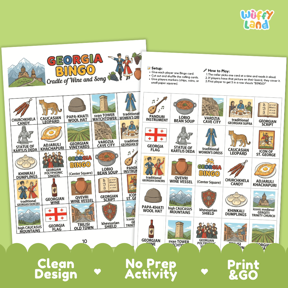 Georgia Country Geography BINGO Game Cradle of Wine and Song Activity Printable Boards