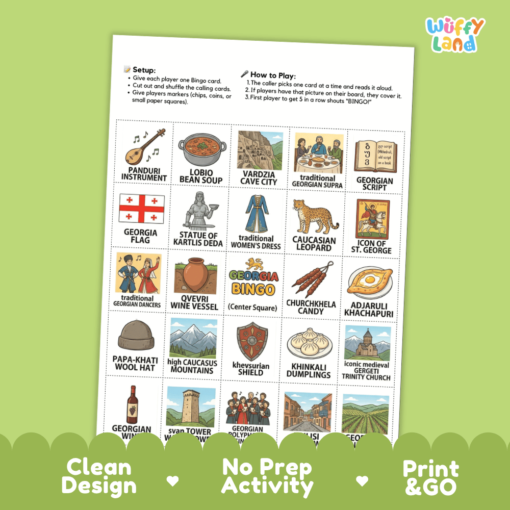 Georgia Country Geography BINGO Game Cradle of Wine and Song Activity Printable Boards