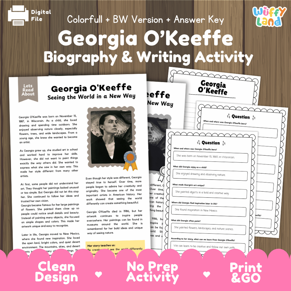 Digital activity sheet bundle for 'Georgia O'Keefe Biography & Writing Activity' by Uffy Land, featuring printable worksheets, a black-and-white version, and an answer key on a wood background with a pink 'Print & GO' banner.