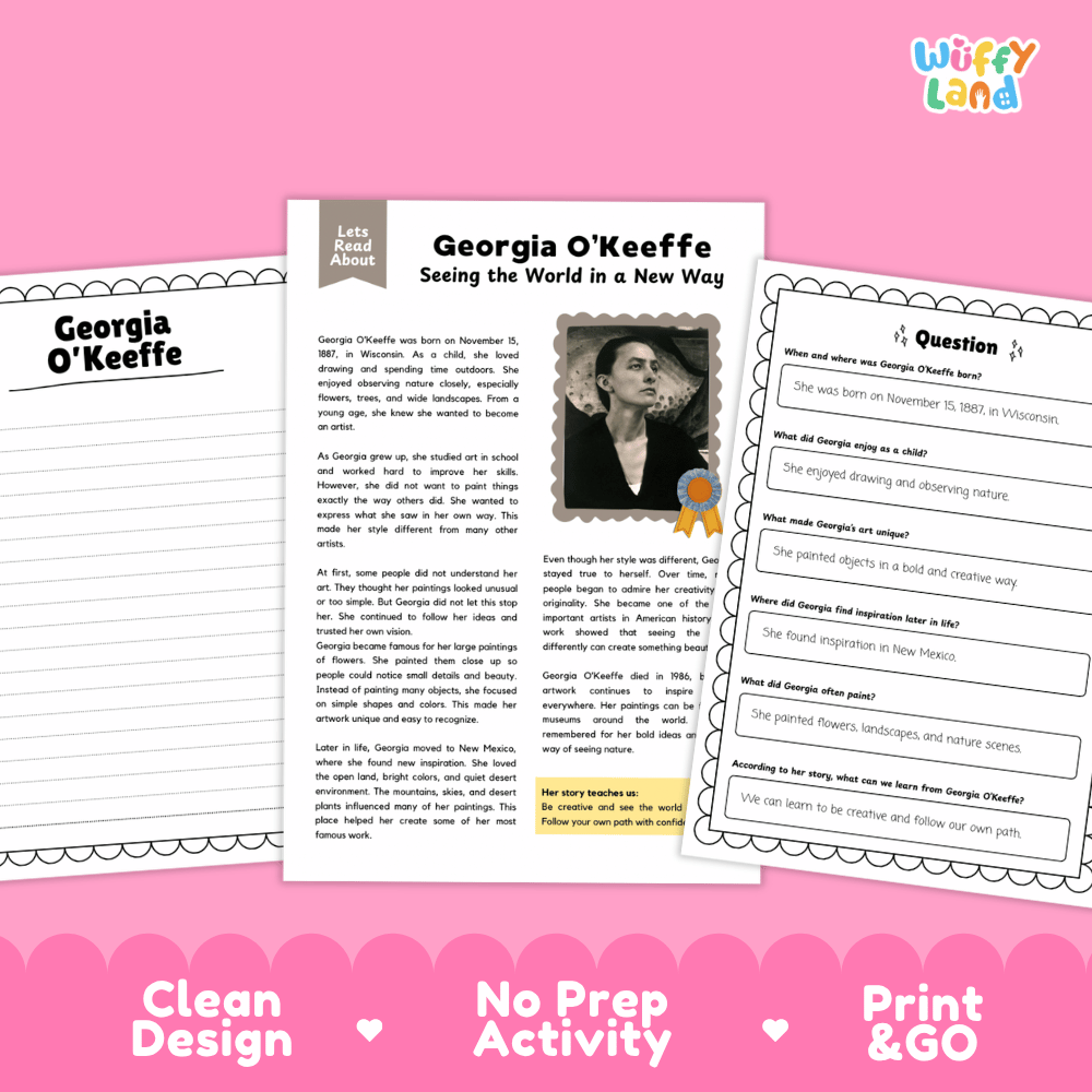 A product listing graphic for a Georgia O'Keefe educational activity sheet set by Wiffy Land. The image shows three printable worksheet pages arranged on a pink background with decorative text banners at the bottom reading 'Clean Design', 'No Prep Activity', and 'Print & GO'.