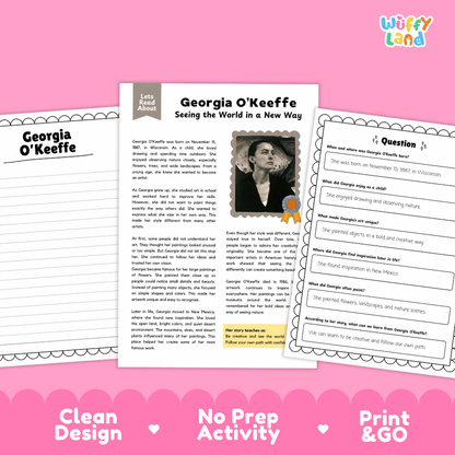 A product listing graphic for a Georgia O'Keefe educational activity sheet set by Wiffy Land. The image shows three printable worksheet pages arranged on a pink background with decorative text banners at the bottom reading 'Clean Design', 'No Prep Activity', and 'Print & GO'.
