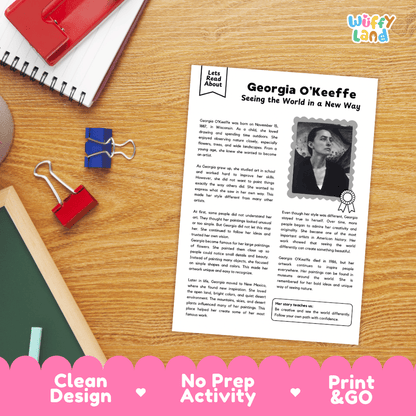 A printed educational worksheet about Georgia O'Keefefe titled 'Georgia O'Keefe Seeing the World in a New Way' placed on a wooden desk with a spiral notebook, red binder clips, and other school supplies. The sheet includes a black-and-white portrait photo, body text, and a ribbon badge graphic.