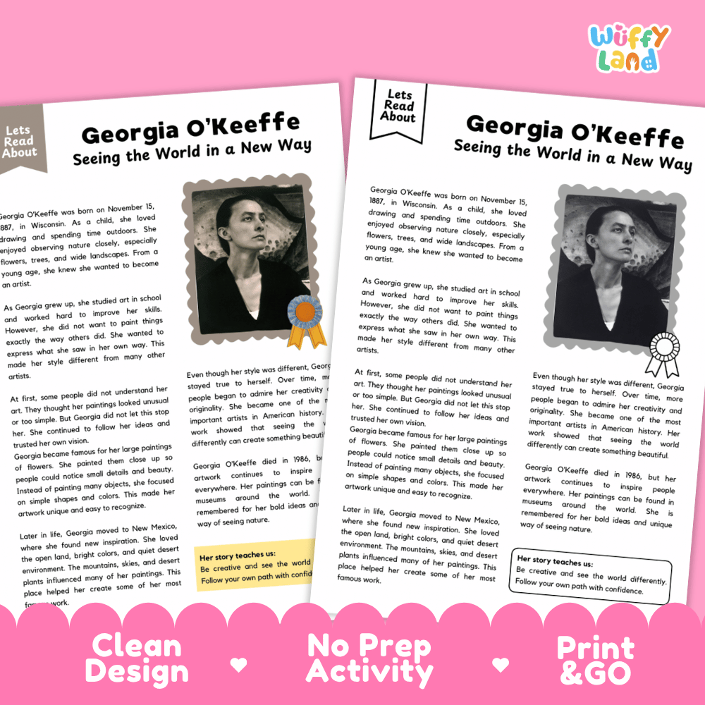 Two printable activity pages from Wiffly Land about Georgia O'Keeffe, shown on a pink background with the text 'Clean Design', 'No Prep Activity', and 'Print & GO'. The pages contain text, two black-and-white portrait photos of Georgia O'Keeffe, a small illustration of a child painting, and a ribbon graphic.