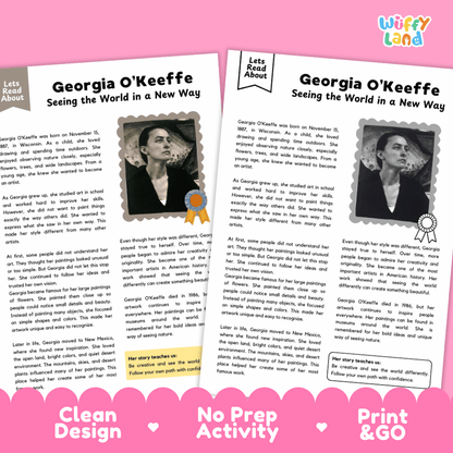 Two printable activity pages from Wiffly Land about Georgia O'Keeffe, shown on a pink background with the text 'Clean Design', 'No Prep Activity', and 'Print & GO'. The pages contain text, two black-and-white portrait photos of Georgia O'Keeffe, a small illustration of a child painting, and a ribbon graphic.