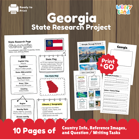 Explore the U.S. state of Georgia with this 10-page printable State Research Project! Students can discover Georgia's capital city, state flag, map, nickname, geography, climate, culture, and famous landmarks. Includes informational pages, reference images, and research questions with writing activities. Perfect for elementary social studies, U.S. geography lessons, and homeschool state studies.
