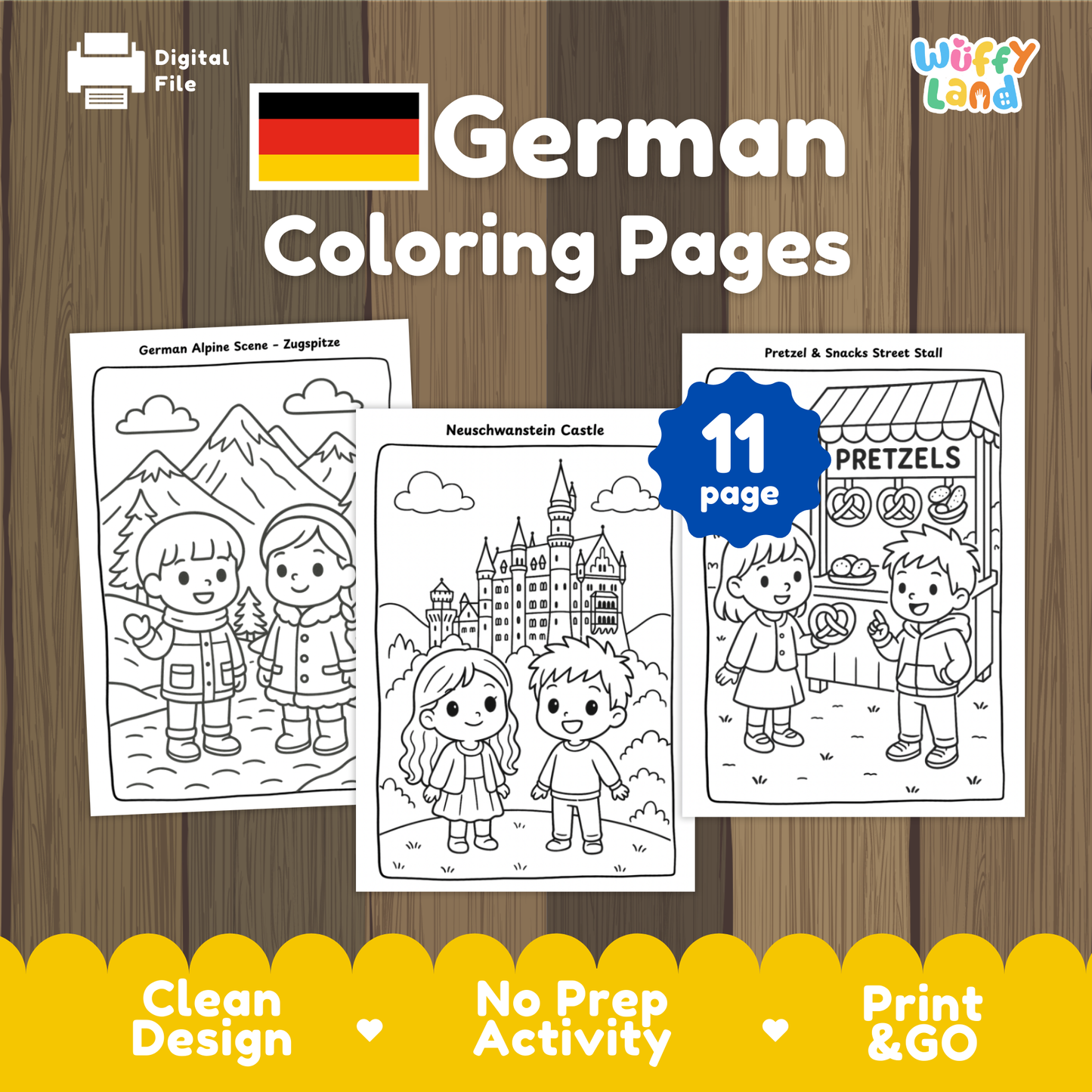 Black-and-white German-themed coloring pages for children featuring three scenes: two kids in a German alpine landscape, two children standing in front of Neuschwanstein Castle, and two kids buying pretzels at a snack stall. Includes a badge indicating 11 pages