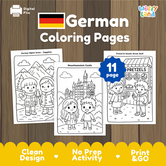 Black-and-white German-themed coloring pages for children featuring three scenes: two kids in a German alpine landscape, two children standing in front of Neuschwanstein Castle, and two kids buying pretzels at a snack stall. Includes a badge indicating 11 pages