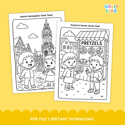 Black-and-white German-themed coloring pages for children featuring three scenes: two kids in a German alpine landscape, two children standing in front of Neuschwanstein Castle, and two kids buying pretzels at a snack stall. Includes a badge indicating 11 pages