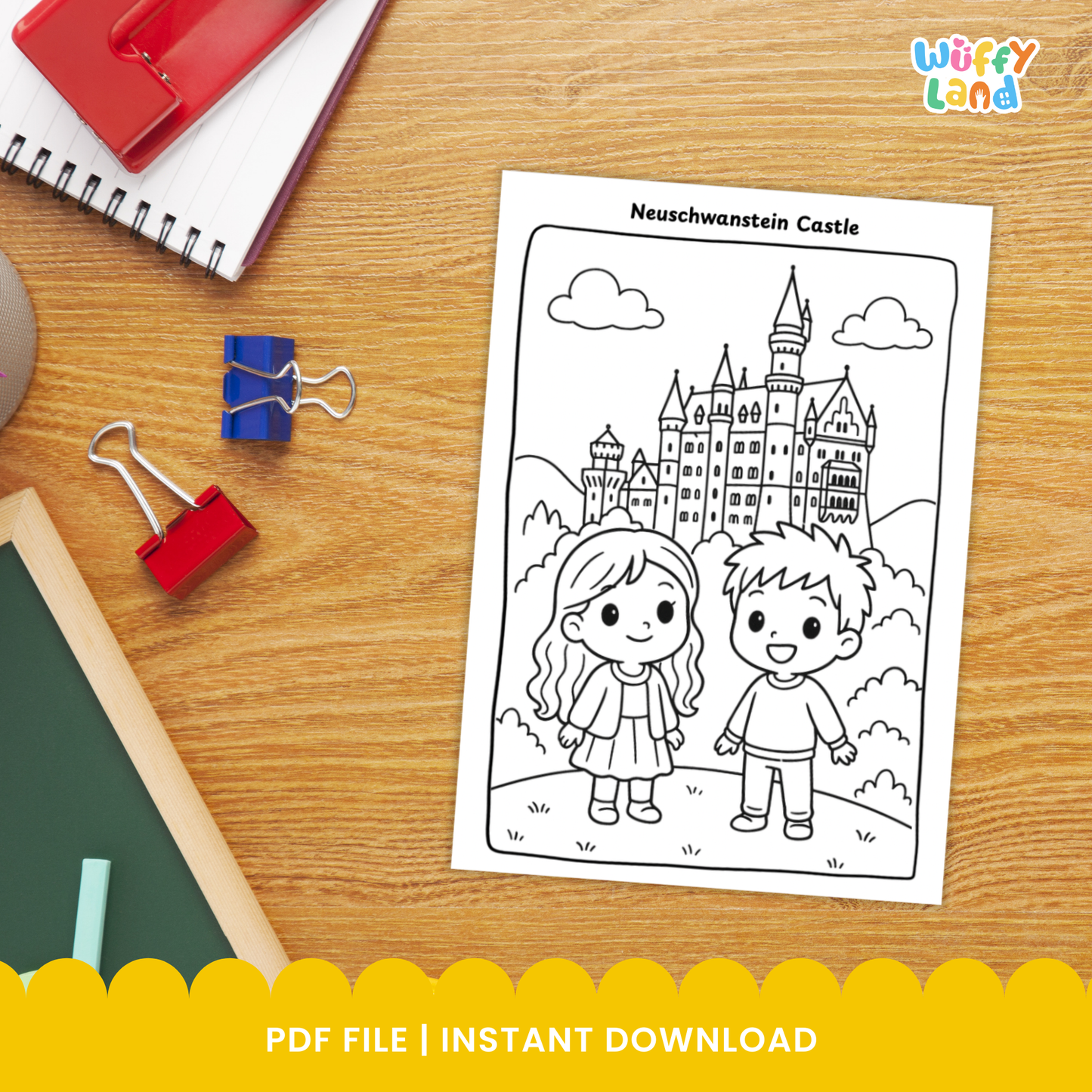 Black-and-white German-themed coloring pages for children featuring three scenes: two kids in a German alpine landscape, two children standing in front of Neuschwanstein Castle, and two kids buying pretzels at a snack stall. Includes a badge indicating 11 pages
