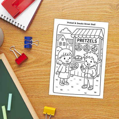 Black-and-white German-themed coloring pages for children featuring three scenes: two kids in a German alpine landscape, two children standing in front of Neuschwanstein Castle, and two kids buying pretzels at a snack stall. Includes a badge indicating 11 pages