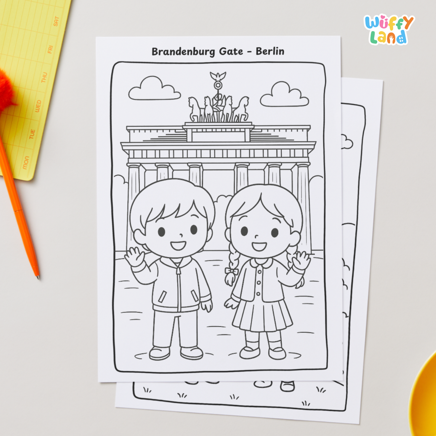 Black-and-white German-themed coloring pages for children featuring three scenes: two kids in a German alpine landscape, two children standing in front of Neuschwanstein Castle, and two kids buying pretzels at a snack stall. Includes a badge indicating 11 pages