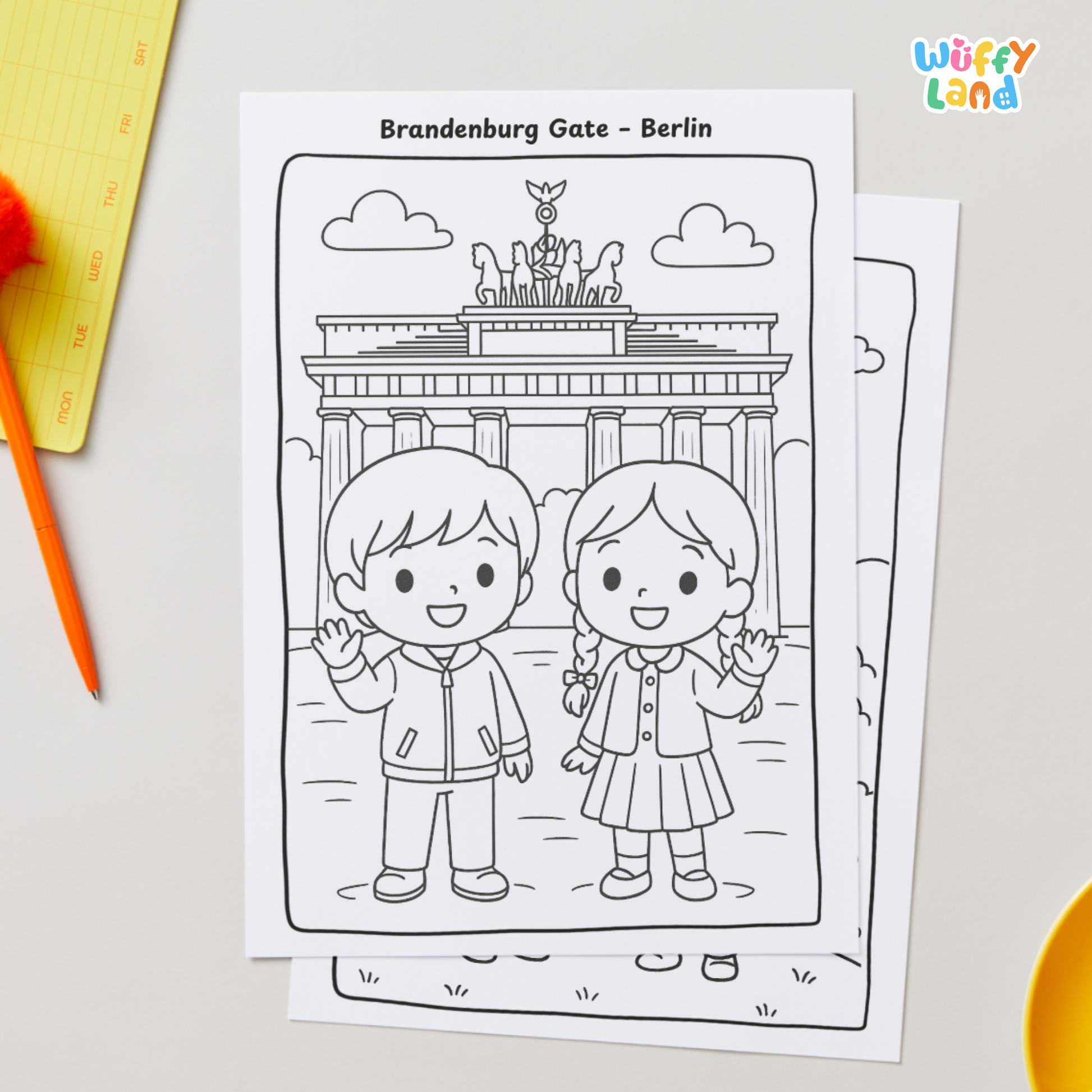 Black-and-white German-themed coloring pages for children featuring three scenes: two kids in a German alpine landscape, two children standing in front of Neuschwanstein Castle, and two kids buying pretzels at a snack stall. Includes a badge indicating 11 pages