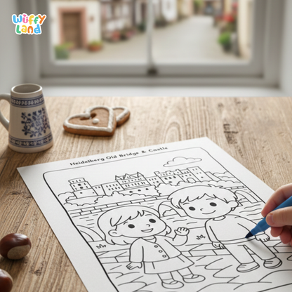 Black-and-white German-themed coloring pages for children featuring three scenes: two kids in a German alpine landscape, two children standing in front of Neuschwanstein Castle, and two kids buying pretzels at a snack stall. Includes a badge indicating 11 pages