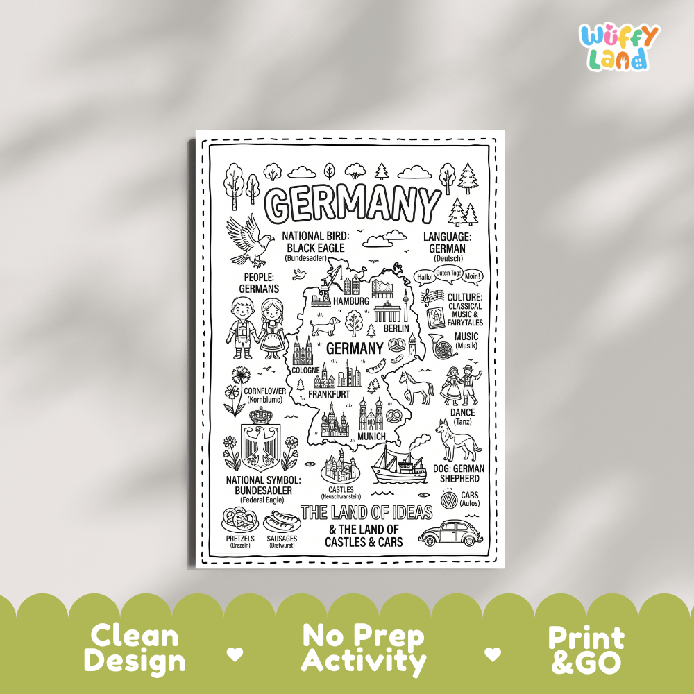 Educational activity coloring page highlighting Germany's national symbol the Bundesadler Federal Eagle and Cornflower