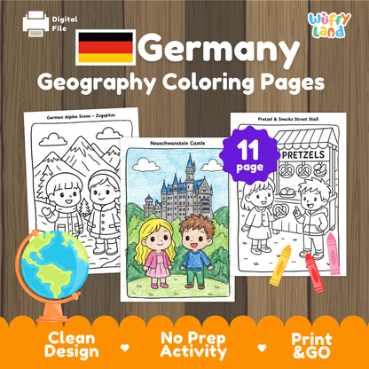 Neuschwanstein castle coloring pages paired with photo flashcards of Museum Island, Neuschwanstein Castle, ICE train, and Bratwurst