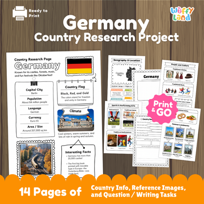 Student country research worksheet on Germany featuring black red and gold flag, Berlin capital facts, climate, and geography map