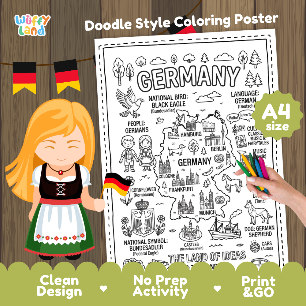 Germany country study doodle style coloring poster printable page featuring map, landmarks, and cultural symbols