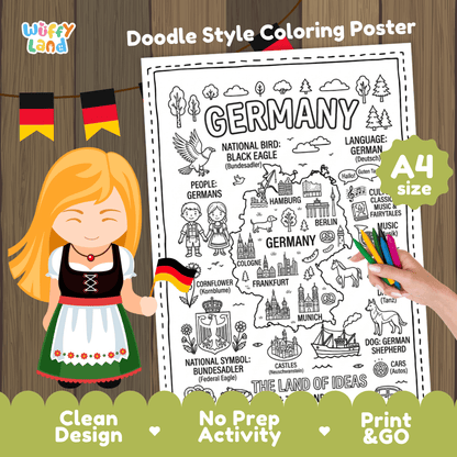Germany country study doodle style coloring poster printable page featuring map, landmarks, and cultural symbols