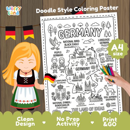 Germany country study doodle style coloring poster printable page featuring map, landmarks, and cultural symbols