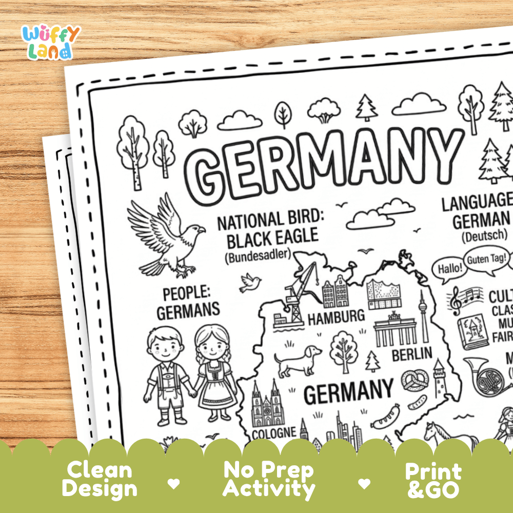 Cultural coloring page featuring traditional German dirndl dress, pretzels, German shepherd, classical music, and German greetings