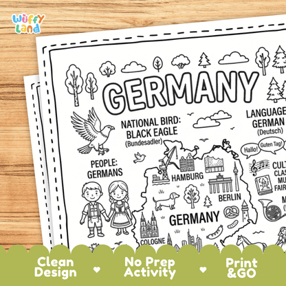 Cultural coloring page featuring traditional German dirndl dress, pretzels, German shepherd, classical music, and German greetings