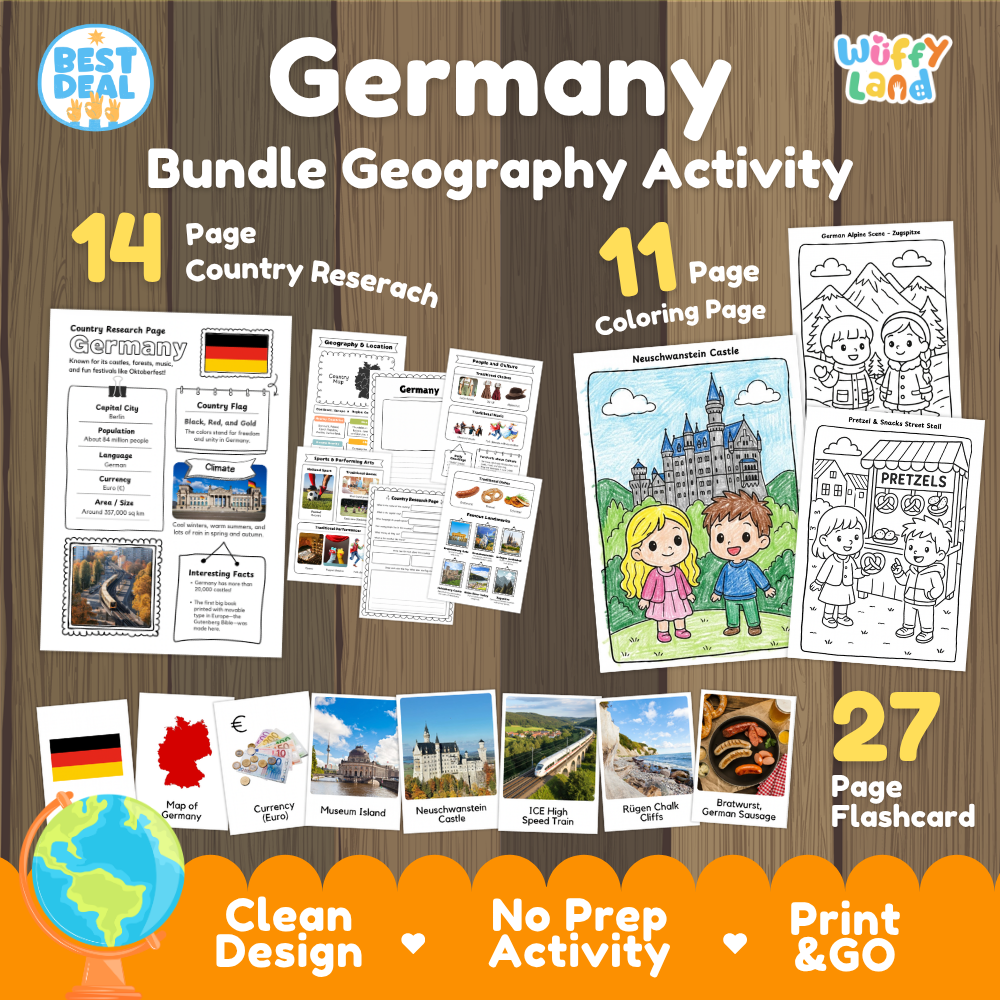 Germany geography activity bundle cover showing 14 country research pages, 11 coloring pages, and 27 photo flashcards