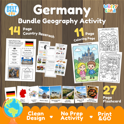 Germany geography activity bundle cover showing 14 country research pages, 11 coloring pages, and 27 photo flashcards