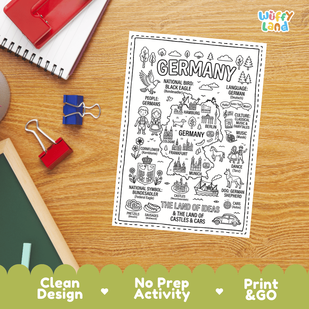 Doodle map coloring sheet showing Germany's capital Berlin, Hamburg, Munich, Frankfurt, and Neuschwanstein Castle
