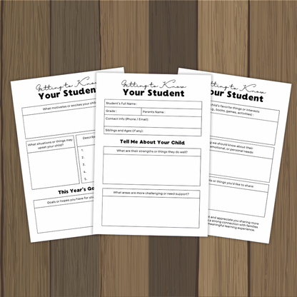 Getting to Know Your Student Back to School Parent Questionnaire Printable