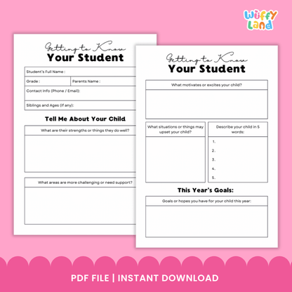 Getting to Know Your Student Back to School Parent Questionnaire Printable