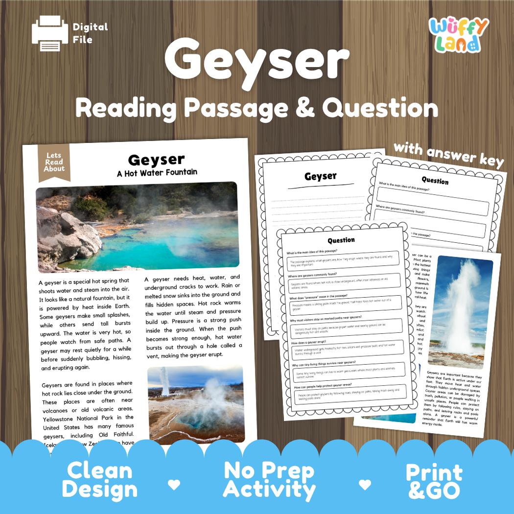 Geyser landform reading comprehension passage and questions printable activity pack with answer key for elementary students