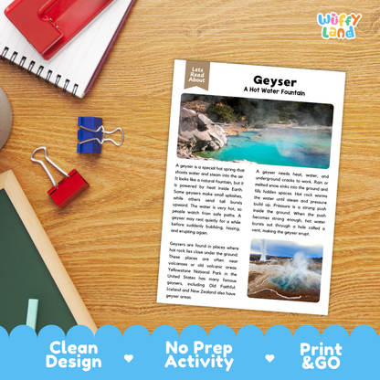 Student reading comprehension worksheet with short-answer questions and handwriting lines about geysers