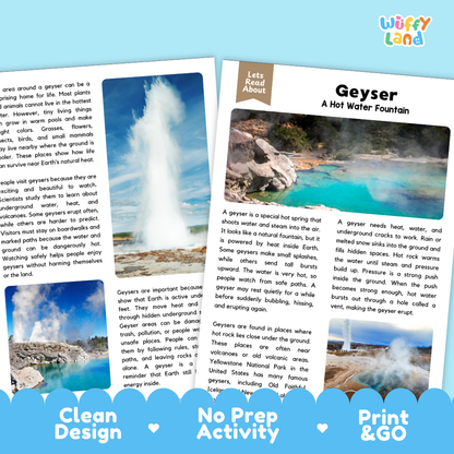 Teacher answer key page showing complete question solutions for geyser reading comprehension practice