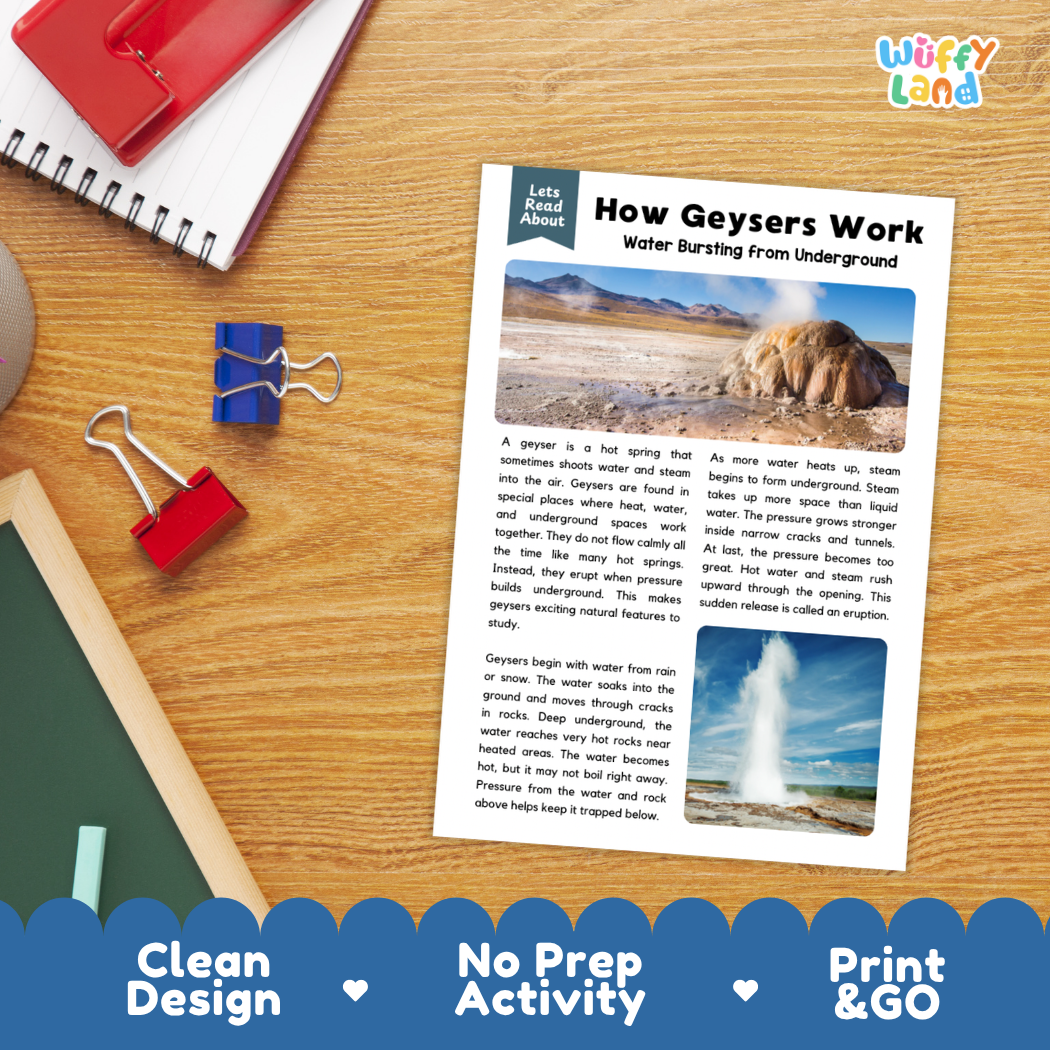 Printable student worksheet with short-answer reading comprehension questions covering geysers and geothermal science