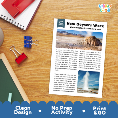 Printable student worksheet with short-answer reading comprehension questions covering geysers and geothermal science