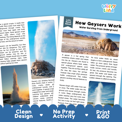 Complete teacher answer key worksheet providing detailed model responses for geyser comprehension questions