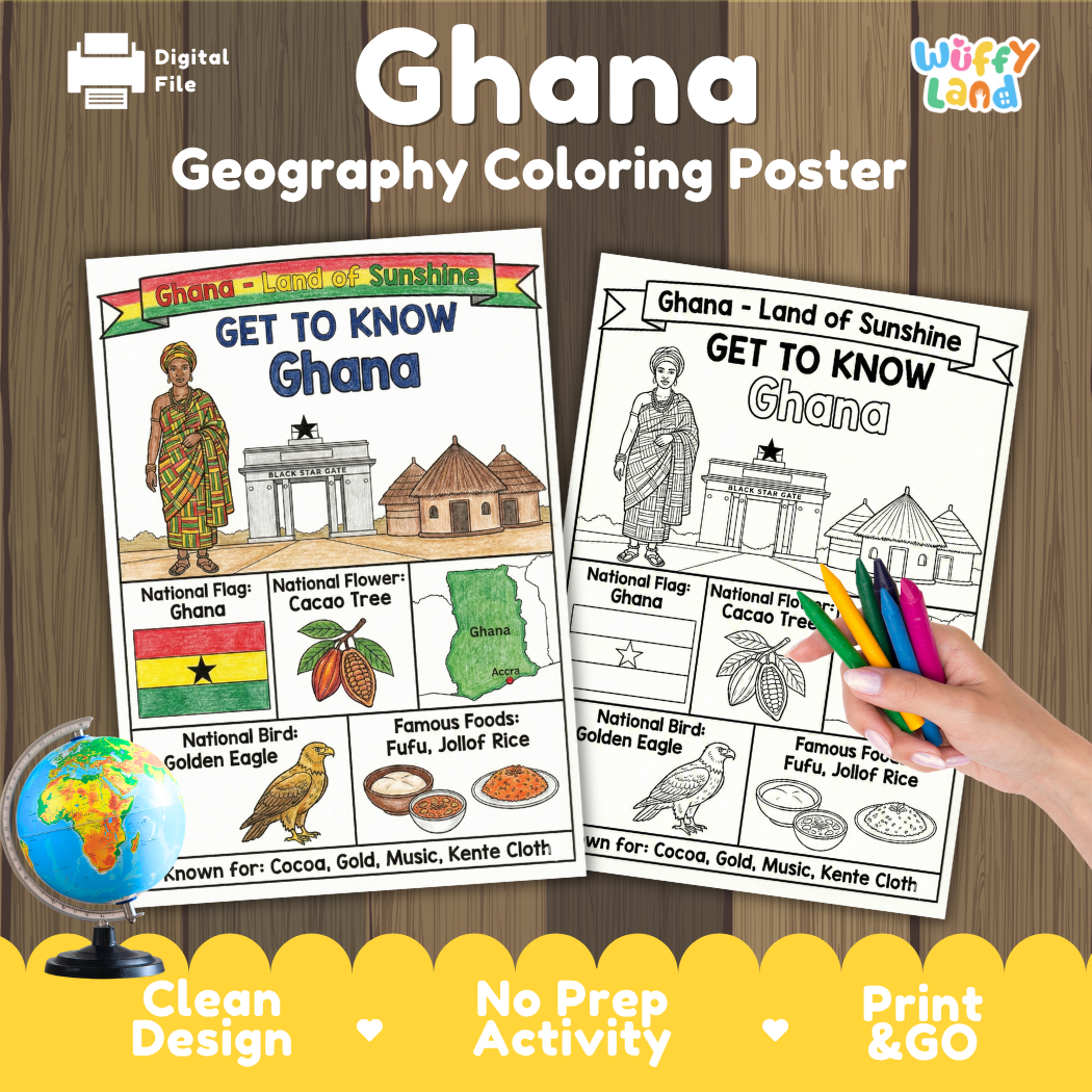 Get to know Ghana coloring poster paired with photo flashcards of Kwame Nkrumah Memorial Park, Lake Volta, music festival, and Banku