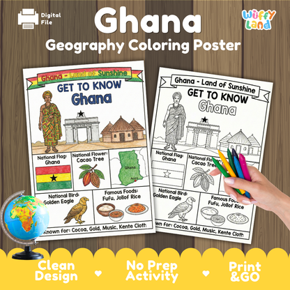Get to know Ghana coloring poster paired with photo flashcards of Kwame Nkrumah Memorial Park, Lake Volta, music festival, and Banku