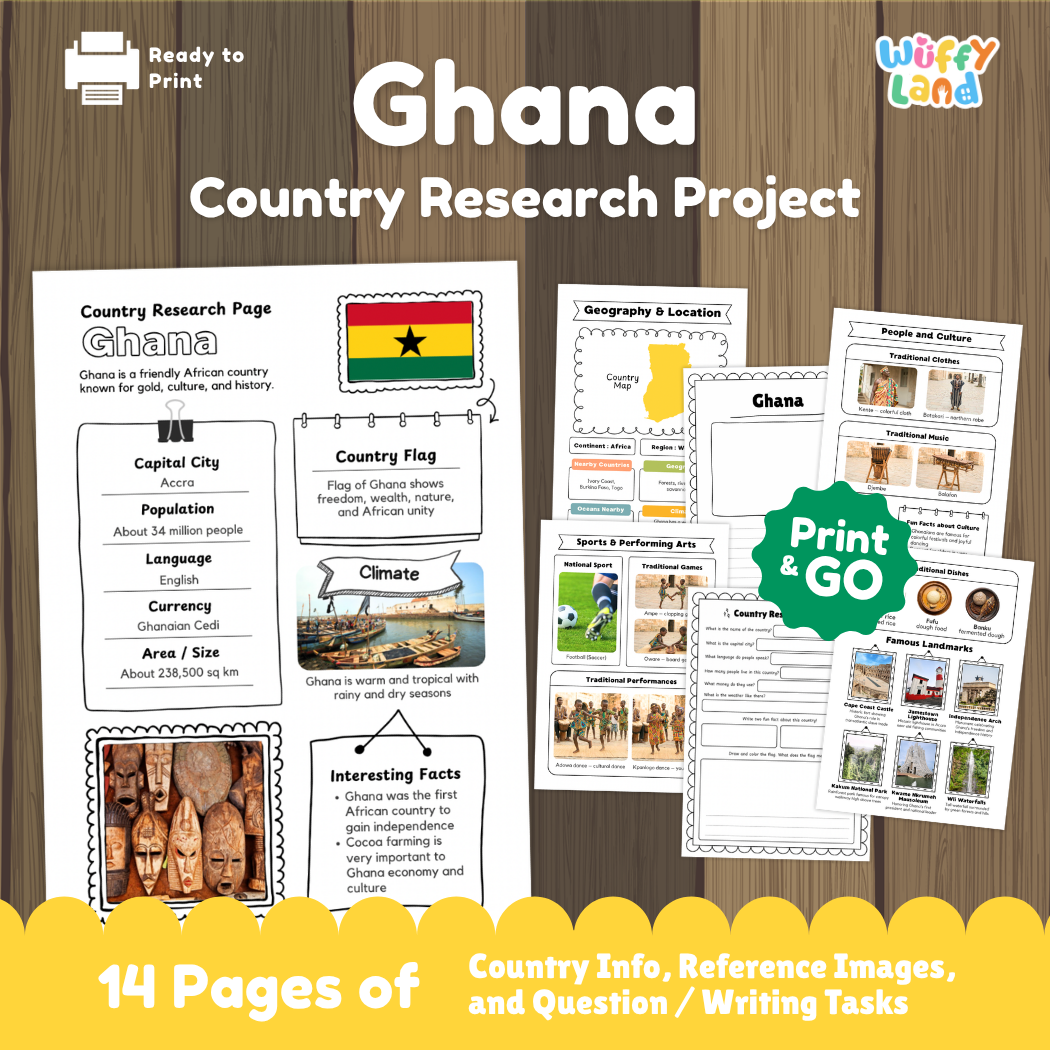 Student country research worksheet on Ghana featuring national flag, Accra capital facts, tropical climate, and geography map