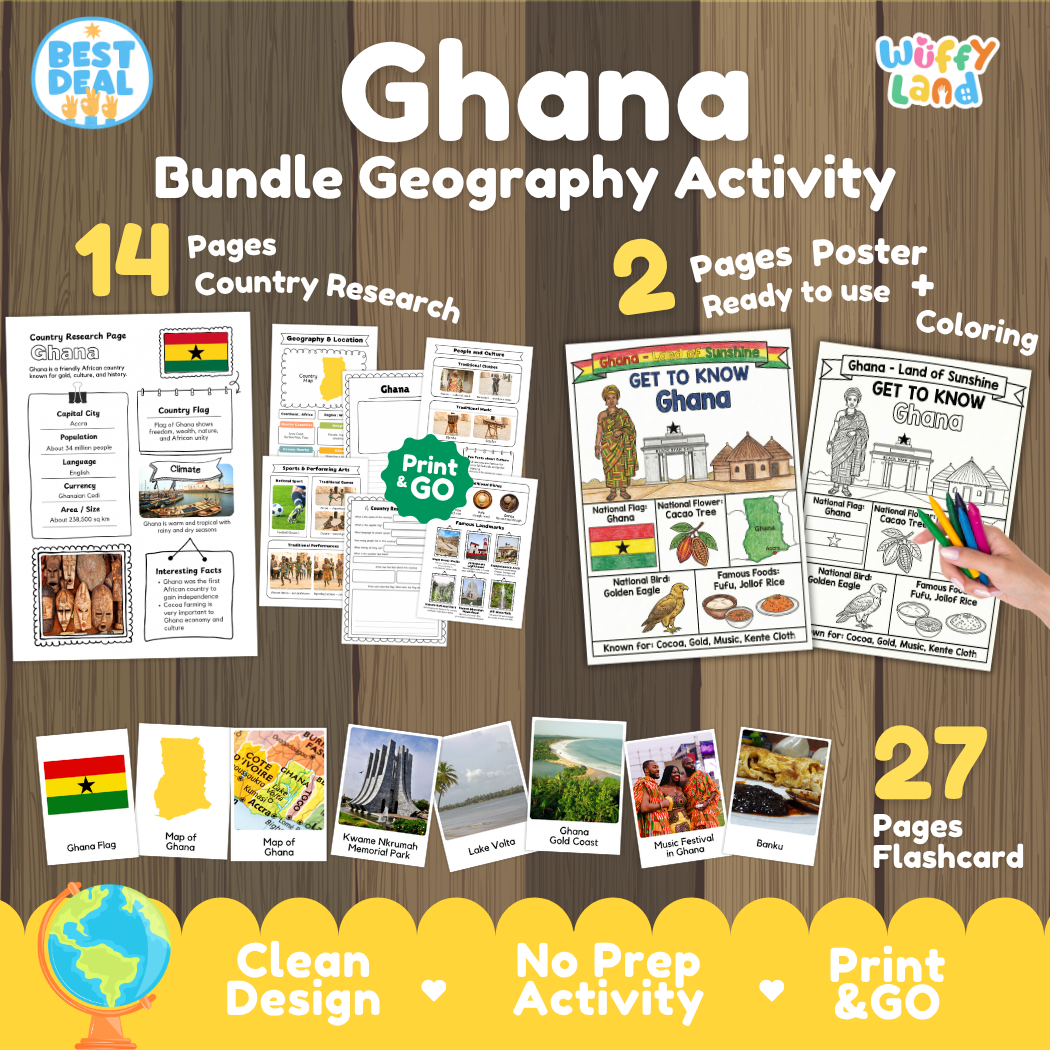 Ghana geography activity bundle cover showing 14 country research pages, 2 ready to use coloring posters, and 27 photo flashcards