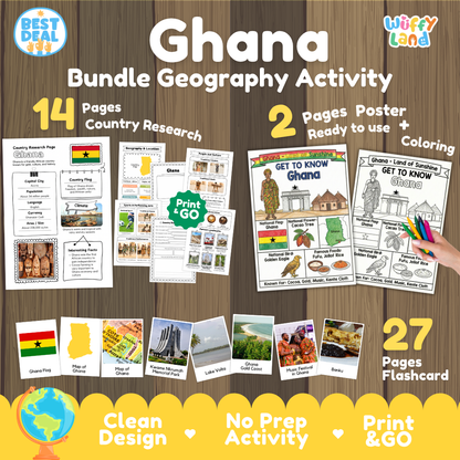 Ghana geography activity bundle cover showing 14 country research pages, 2 ready to use coloring posters, and 27 photo flashcards