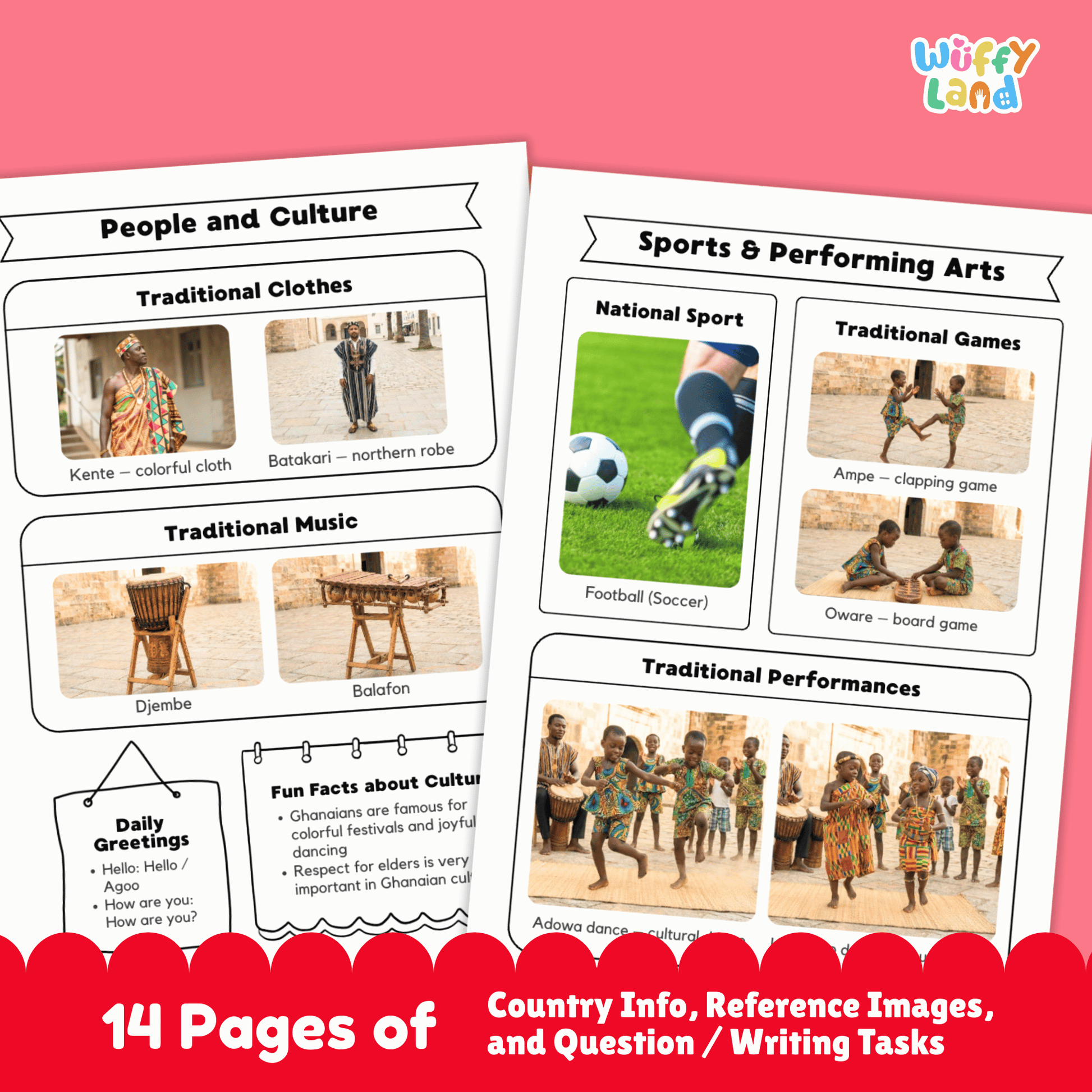 An educational country research project about Ghana showing printable worksheets with facts about the capital city, population, language, currency, and climate. The image includes Ghana’s flag, a country map, traditional clothing and music, sports and cultural activities, traditional foods, and famous landmarks designed for student learning and classroom use.