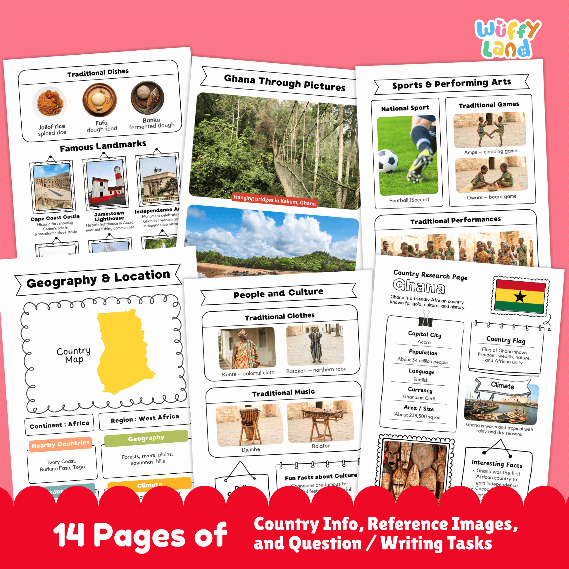 An educational country research project about Ghana showing printable worksheets with facts about the capital city, population, language, currency, and climate. The image includes Ghana’s flag, a country map, traditional clothing and music, sports and cultural activities, traditional foods, and famous landmarks designed for student learning and classroom use.